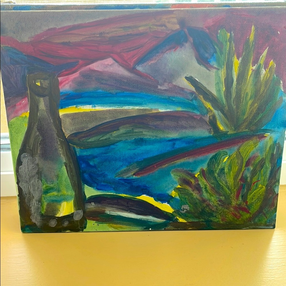 Red and Blue Abstract Painting with Organic Shapes